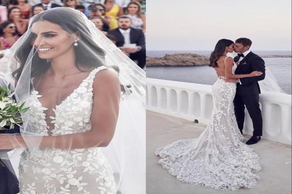 Vestidos de novia de playa de sirena sin espalda 2020 Vneck Apliques de encaje 3D Trompeta de barrido con cuentas Steven Khalil Vestidos de boda nupciales de jardín 8472171