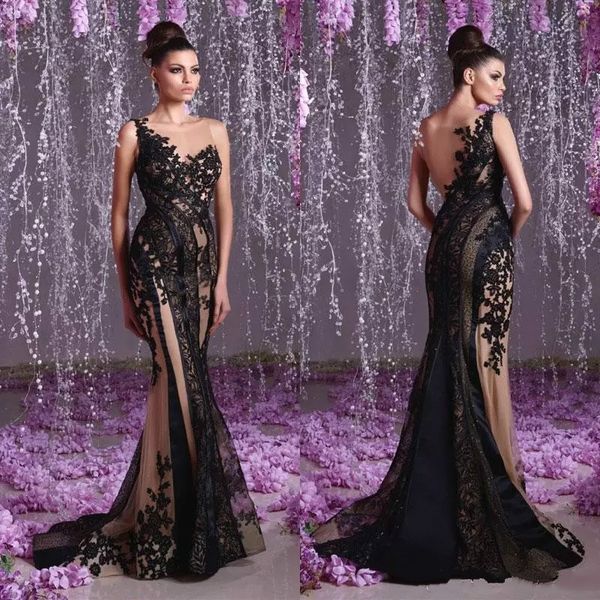 Robes de soirée sirène dos nu dentelle appliques balayage train sans manches bijou cou robe formelle tenue de soirée grande taille robes de bal pas cher