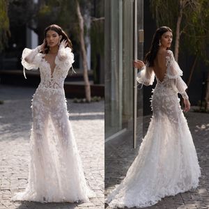 Vestido de novia de encaje de sirena sin espalda con apliques florales en 3D de manga larga Lian Rokman vestidos de novia robes de mariee