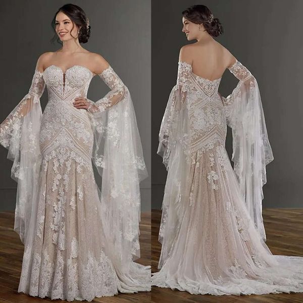 Vestido de novia de sirena sin espalda sexy bohemio con campanilla desmontable apliques de encaje con cuello de novia con tierras de novia de champán.