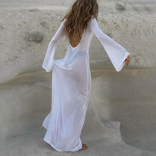 Dos nu maille dentelle à manches longues robe pour femme 2023 été décontracté sexy blanc Maxi robe de plage col rond solide robe ample 240220