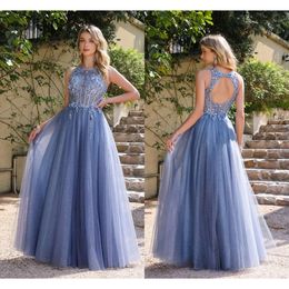 Backless New Hollow Ocean Blue Prom kleedt een lijn pure juweel nek tule lange avondjurken met appliques cps3039 ppliques