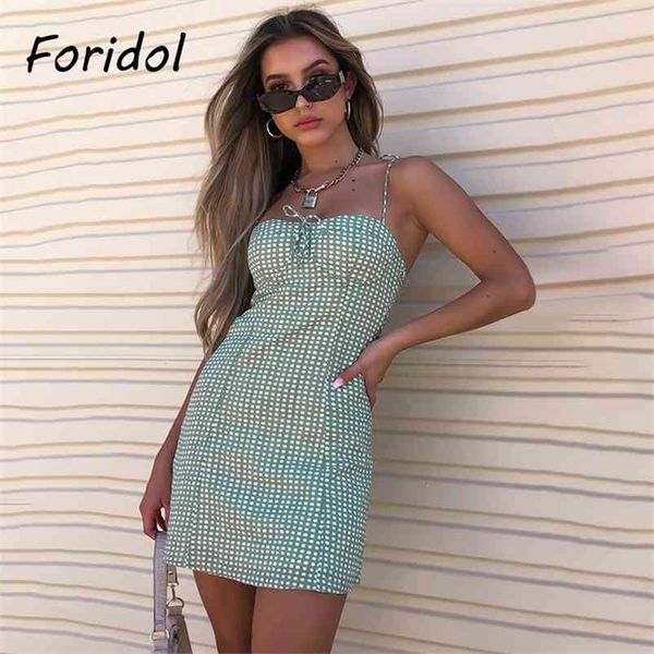 Robe d'été à carreaux sans dos à lacets à lacets Spaghetti Strap Green Mini Sundress Beach Boho Robes Robes Mujer 210427