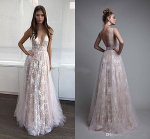 Backless Sexy Prom Dresses Long 2019 Diepe V-hals Kant Gastjurken Lichtroze Avondjurken Formele Kleding Vloerlengte