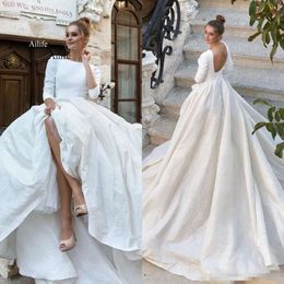 Backless sexy eenvoudige jurken een lijn lange mouwloze taffeta bateau halslijn op maat gemaakte trouwjurk vestido de novia 0515
