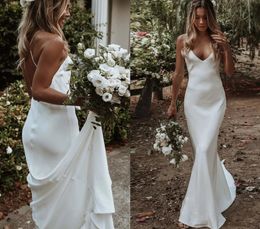 Robe de mariée sexy dos nu sirène 2024 bretelles spaghetti doux satin Boho robe de mariée rustique robes de mariée civile plage robe de Noiva