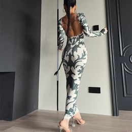 Dos nu été imprimé à manches longues Sexy Maxi Robe pour femme Robe Sexy Slim Fit Robe de mode col rond colonne mode robes de printemps