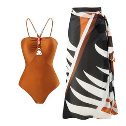 Sin espalda Dos piezas Bikinis Ropa de playa Traje de baño Sarong Mujeres 2024 Corte Halter Cuello Traje de baño Monokini biquinis Feminino 240322