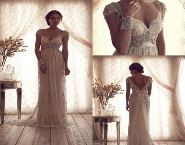 Robes de mariée sans dos plage en V Souces de casquette de cou ouvri ouvrants longues perles de liais en lace en bow en tulle robe de mariée personnalisée 2395232