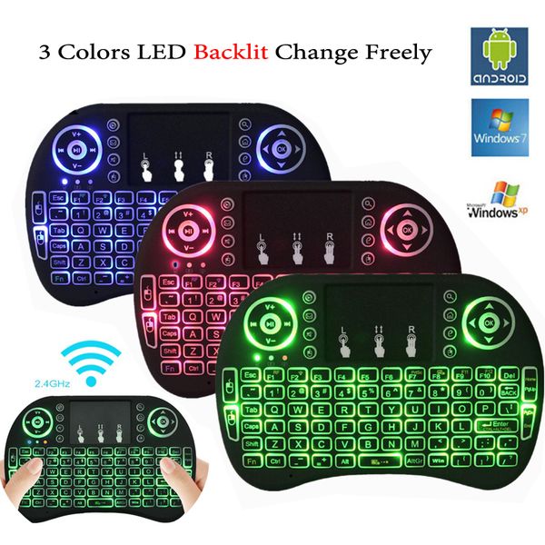 Retroiluminación colorida i8 Mini teclado inalámbrico Air Mouse Control remoto Teclados para juegos para PC Pad Google Andriod TV Box Xbox360 PS3 OTG