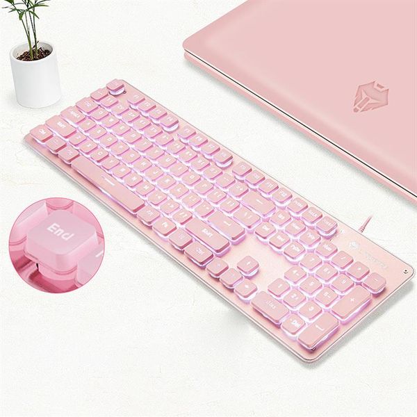 Teclado retroiluminado para juegos, sensación mecánica, juego de teclado y ratón, teclas de Chocolate rosa, adecuadas para PC, portátiles, no teclados mecánicos 223J