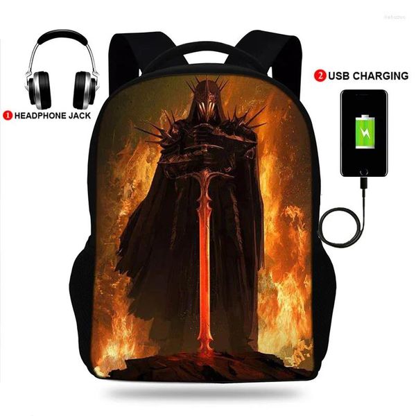 Mochila de 17 pulgadas Iron Witch King Print Boys para adolescentes USB CARGA Girls Rucksack Children School Bolse