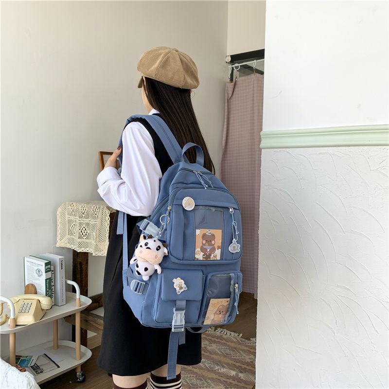 Backpack 2023 Fashion Korean Women Multi-functional Waterproof Nylon Schoolbag Girl Student Bag Kawaii Badge
