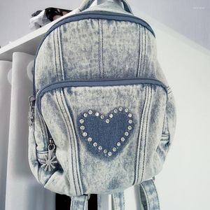 Backpack 2023 Vintage Retro Bolsa Feminina Kawaii Hart Rhinestone Mini Denim Floral Zipper Designer Bag