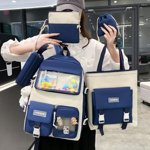 Backpack 2023 Vrouwen Laptop 5 stks Set Harajuku Canvas School Tassen voor tienermeisjes Kawaii College Student Kids Book Bag Rucksack