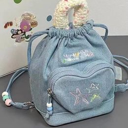 Backpack 2024 Spring Zipper School Tassen voor vrouwen Sweet Vintage Blue Denim Backpacks Y2K Fashion Ruched Drawstring Book Bag