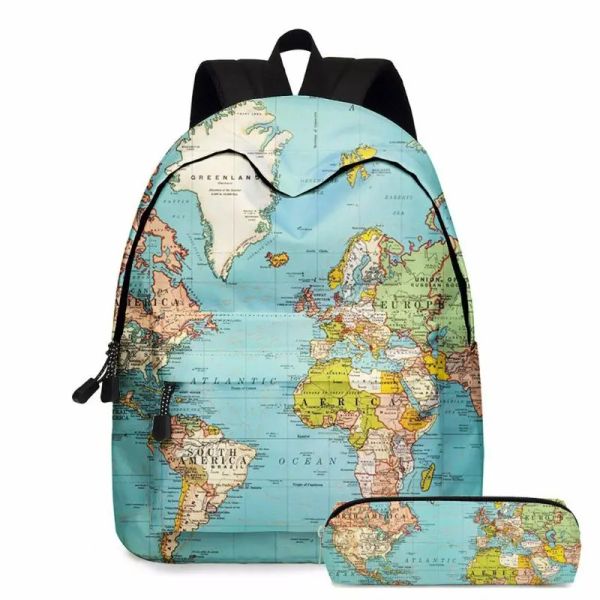 Mochila 2pcs Maps World Impresión Mochila para chicas Boba de libros Bolsa de lapso de libros Viajes Daypack Rucksack con caja