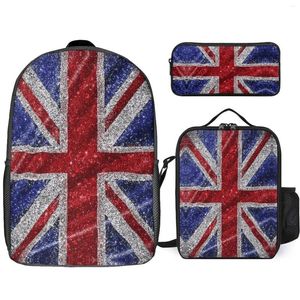 Sac à dos 3 en 1, ensemble de 17 pouces, sac à déjeuner, stylo à paillettes, drapeau Union Jack UK, graphique durable, Vintage, confortable, sport, Acti