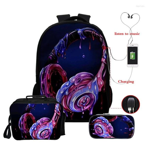 Sac à dos 3d couleurs écouteurs sac à dos scolaire étudiant rockec sac éco sacs thermaux enfants stylo mochila hombre pour adolescents fille garçon