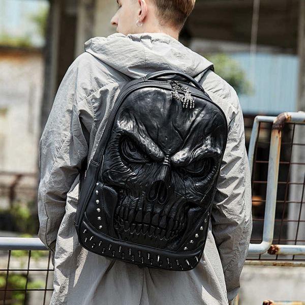 sac à dos 3D Embossed Skull Sacs à dos pour hommes unique Originalité homme Sac rivet personnalité Cool Rock Laptop Schoolbag For Teenagers 230417