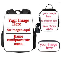 Rugzak 3 stks set aangepast je afbeeldingnaam vervangbaar patroon coole jongens bookbag student school potlood case lunch tas