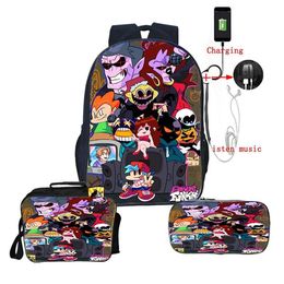 Sac à dos 3 pièces ensemble vendredi soir Funkin belle impression 3D BookBag garçons fille école sacs à dos USB Charge voyage sac à dos boîte à déjeuner 182v