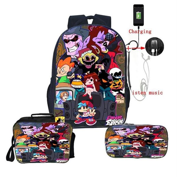 Рюкзак, комплект из 3 предметов, Friday Night Funkin, красивая сумка для книг с 3D принтом, школьные рюкзаки для мальчиков и девочек, дорожный рюкзак с зарядкой через USB, ланч-бокс212i