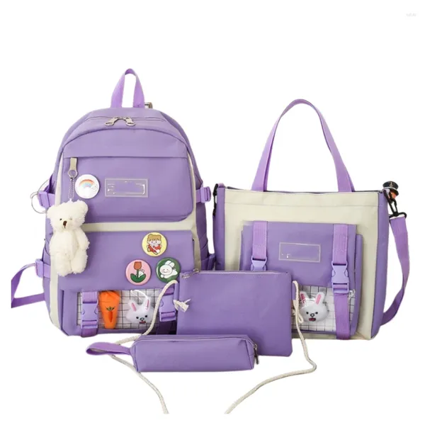 Sac à dos 4pcs / ensemble de grande capacité mignon en nylon multi-poche Junior High School Bag du livre d'ordinateur portable fille violette
