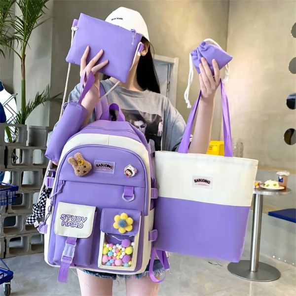 Mochila 5 en 1 Conjunto Lindo Bolso Mochila Bolsa para Teléfono 1315.6 Pulgadas Versión Coreana Simple Gran Capacidad Bolsa para Computadora Portátil Estuche para Niños Regalo para Estudiantes