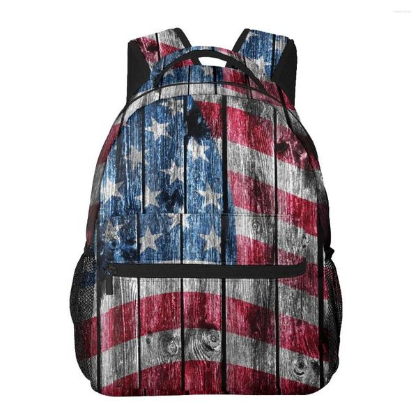 Sac à dos esthétique pour adolescents filles livre de livres scolaire grande capacité voyage en bois USA drapeau