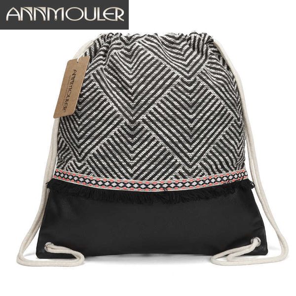 Sac à dos Annmouler Femmes Tissu Sac À Dos Gypsy Bohème Cordon Sacs Gland Boho Sac De Haute Qualité Vintage Patchwork Tribal Sac J230517