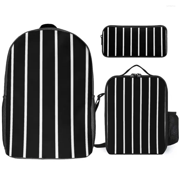 Sac à dos à rayures noires et blanches, ensemble 5 3 en 1, sac à déjeuner de 17 pouces, stylo, sac d'infanterie sécurisé, confortable, camps d'été, nouveauté