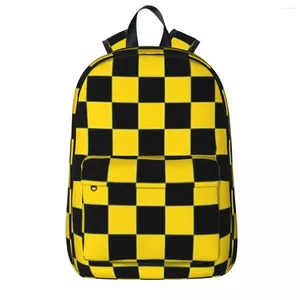 Sac à dos noir et jaune à motif damier, sac à dos pour garçons et filles, cartable pour étudiants, sac d'école pour enfants, sac à dos de voyage à bandoulière