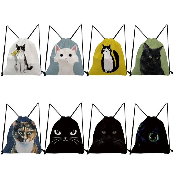 Sac à dos noir imprimé chat haute capacité pour enfants à cordon de crampon mignon kawaii art animal peinture
