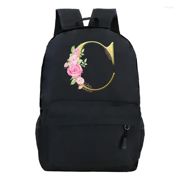 Mochila Negro Gráfico Oro Impreso Letra Flor A-Z Alfabeto Hombros Bolsa Adolescente Moda Chica High School Schoolbag