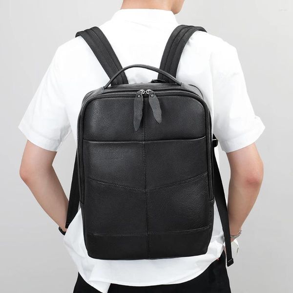 Mochila de cuero negro para ordenador portátil, bolso de hombro para hombre, bandoleras cruzadas, bolso de mano, informal, de negocios, para escuela