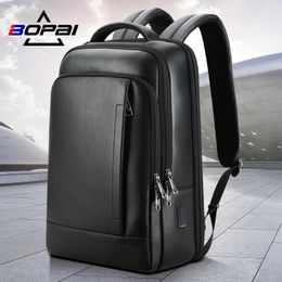 Rugzak bopai hoogwaardige leerstudent 15,6 inch laptop heren klassieke zwarte zakelijke tassen mannelijke herfstreizen backpacks