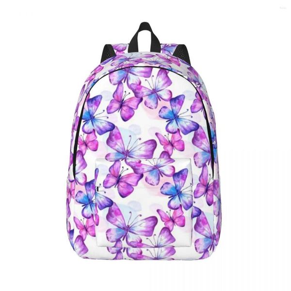 Sac à dos papillons dans les aquarelles, insectes volants violets, sacs d'école imprimés de Trekking pour étudiants, sac à dos personnalisé