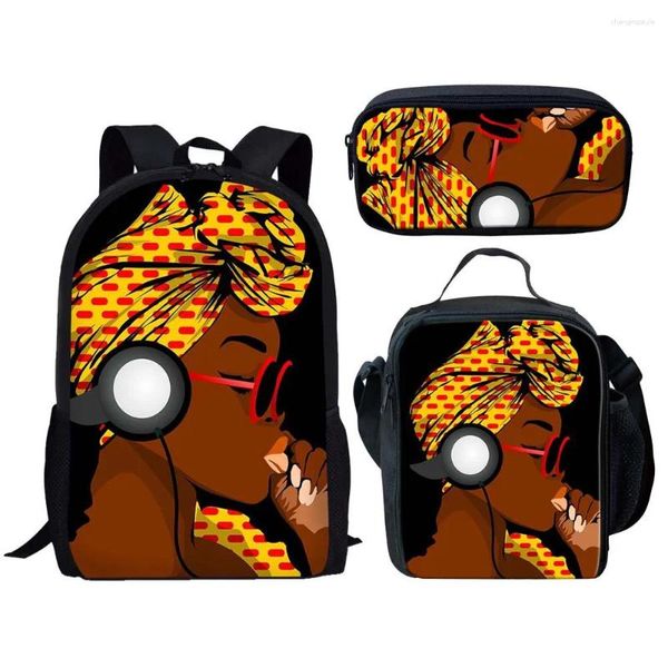 Mochila dibujos animados novedosos geniales chicas africanas 3D impresas 3pcs/set de pupila bolsas escolares de laptop portátiles de lápiz de almuerzo