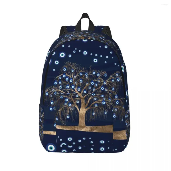 Mochila Charm Tree Gold on Dark Blue Women Women Men Basic Bookbag para la escuela universitaria Amulet Amulet Nazar Evil Eye Bag