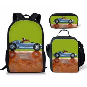 Sac à dos classique dessin animé drôle voiture impression 3D 3 pièces/ensemble sacs d'école pour élèves sac à dos pour ordinateur portable sac à déjeuner trousse à crayons