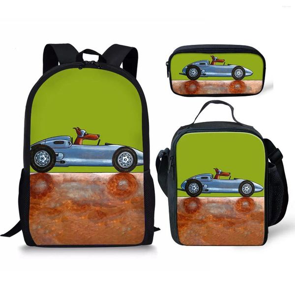 Sac à dos classique dessin animé drôle voiture impression 3D 3 pièces/ensemble sacs d'école pour élèves sac à dos pour ordinateur portable sac à déjeuner trousse à crayons