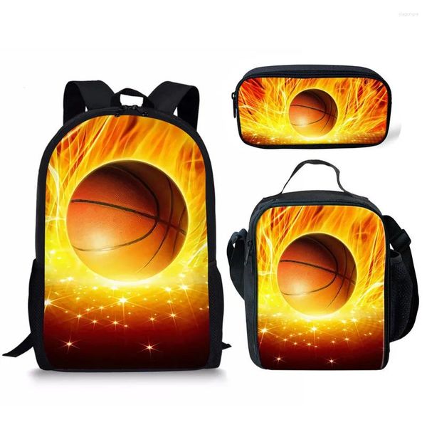 Sac à dos classique Ice Fire Basketball Ball impression 3D 3 pièces/ensemble sacs d'école pour élèves sac à dos pour ordinateur portable sac à déjeuner trousse à crayons