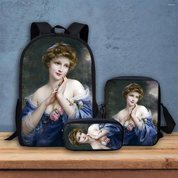 Sac à dos Classic Oil Painting Lady Study 3 PCS / Set Capacité de haute qualité Étui à crayon zip