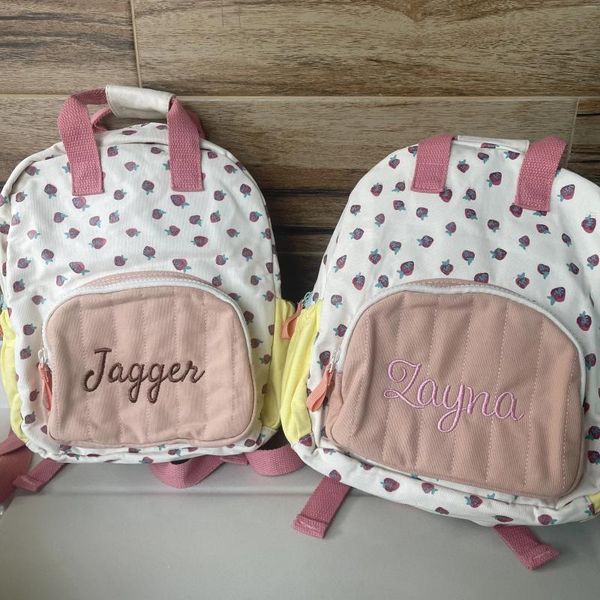 Mochila Lona de algodón Dopamina Fresa Color Lindo Nombre personalizado para niños Niñas Mochila escolar Travle al aire libre