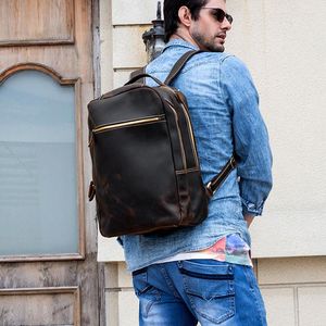 Mochila Crazy Horse de cuero Real para hombre, mochilas grandes Retro de piel de vaca, mochila de viaje de negocios para hombre, bolso grande para ordenador portátil y oficina