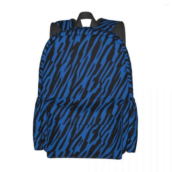 Mochila loca cebra azul y rayas negras mochilas elegantes de patrón de viaje masculino bolsas escolares coloridas mochila