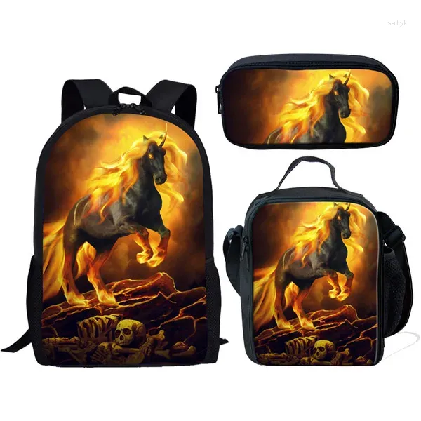 Sac à dos créatif mode drôle feu crazy cheval 3d imprime 3pcs / élève sacs scolaires ordinateur portable sac à lunch sac à lunch