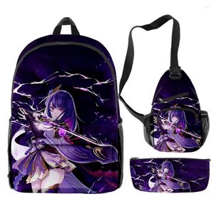 Sac à dos créatif raiden shogun genshin impact 3d imprimé 3pcs / ensemble pupil sacs scolaires à la mode