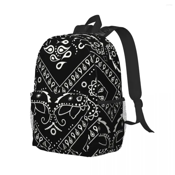 Mochila Custom Black Bandana Pattern Mujeres Hombres Moda Bookbag para la escuela universitaria Bolsas de estilo Paisley